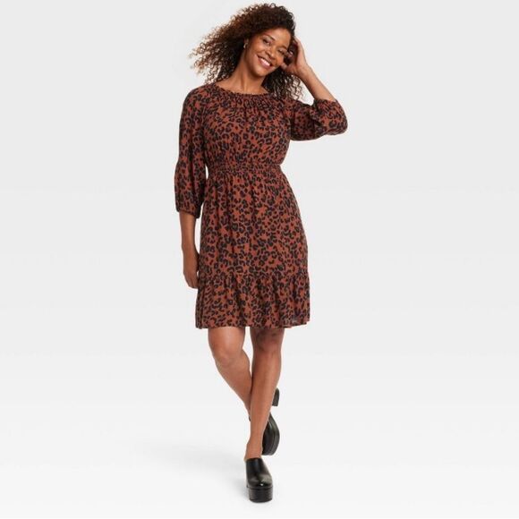 NEW Knox Rose Long Sleeve Smocked A Line Dress in Dark Brown Leopard Print Small - Picture 1 of 10